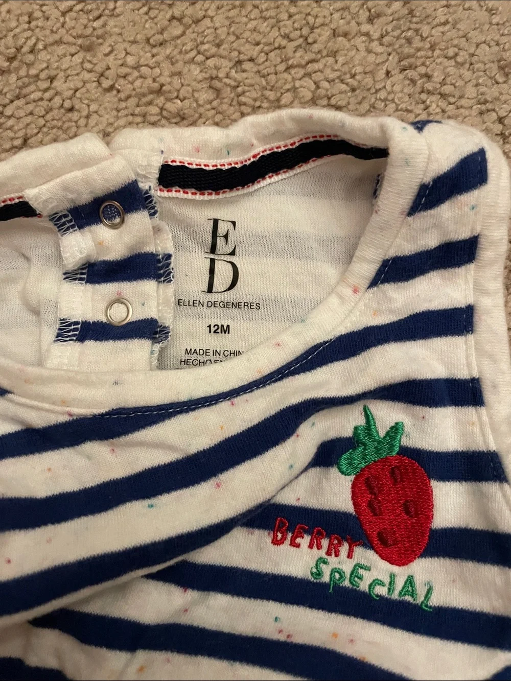Ellen DeGeneres Navy and White Striped Girls' Romper with Strawberry Patch